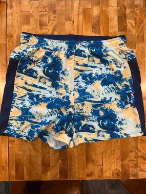 DSG Blue and Yellow Abstract Print Athletic Running Shorts w Liner and Pockets